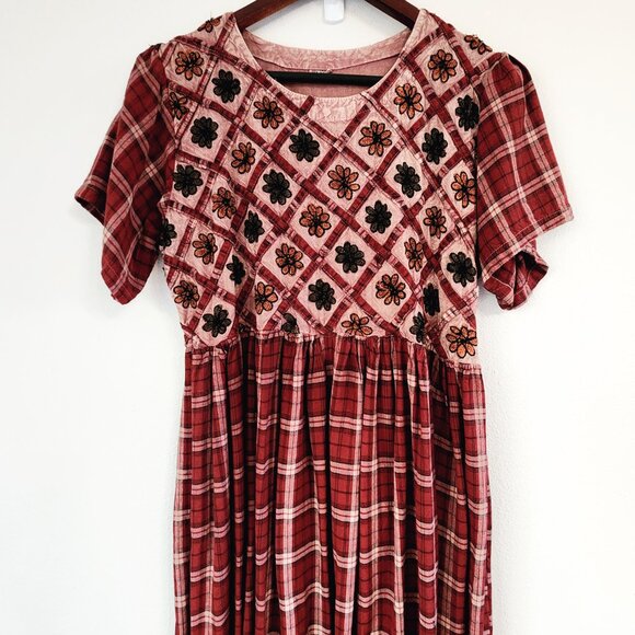 Vtg Embroidered Tie Dye Plaid Empire Waist Short Sleeve Maxi Dress Sz S Boho Y2K - Picture 4 of 16